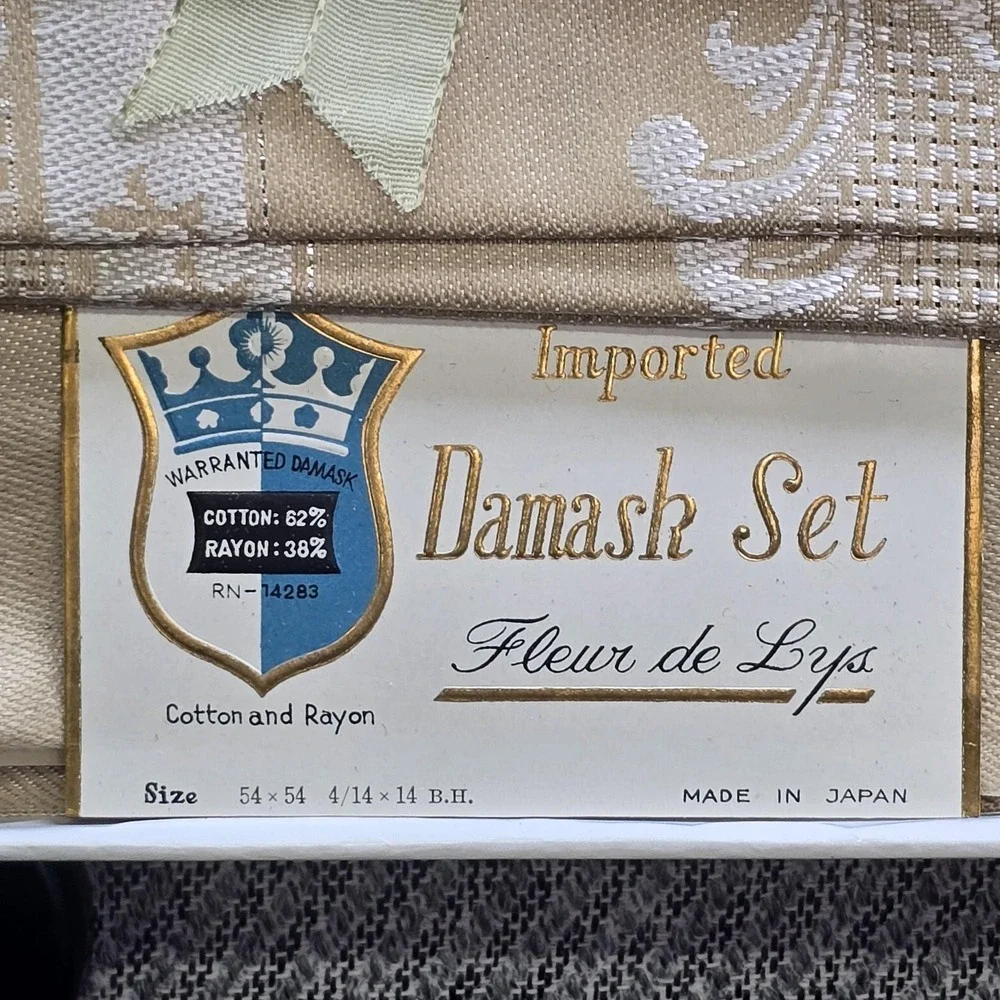 Vintage 60s Damask Fleur De Lys Tablecloth Napkin 54x54 Toast Beige Floral Japan